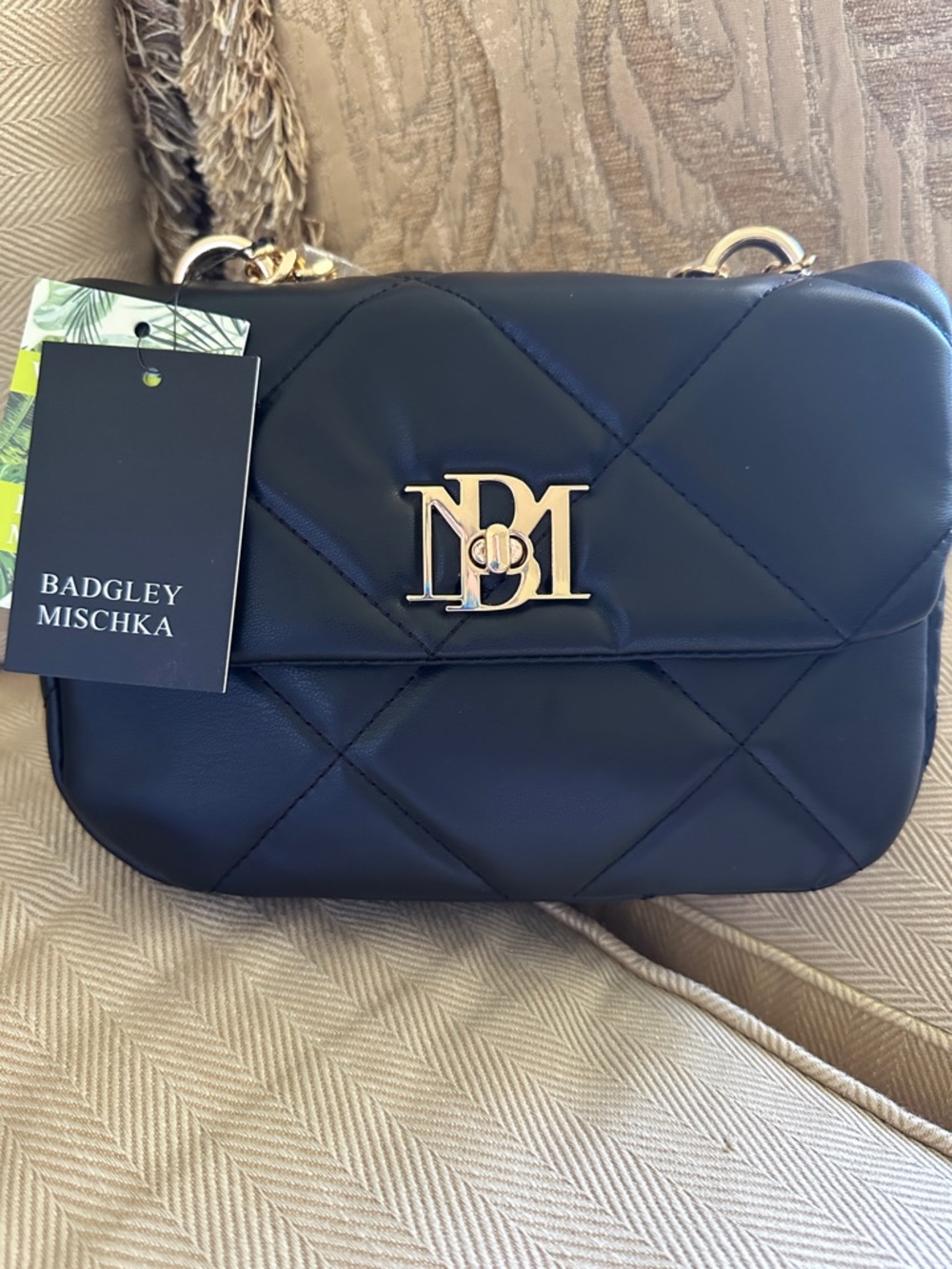 Badgley Mischka Black Quilted Crossbody with Gold Logo